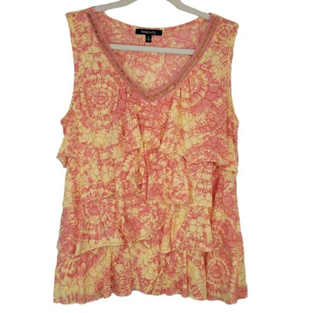 Beaded Ruffled Relativity Pink Yellow V Neck‎ Sleeveless Shirt